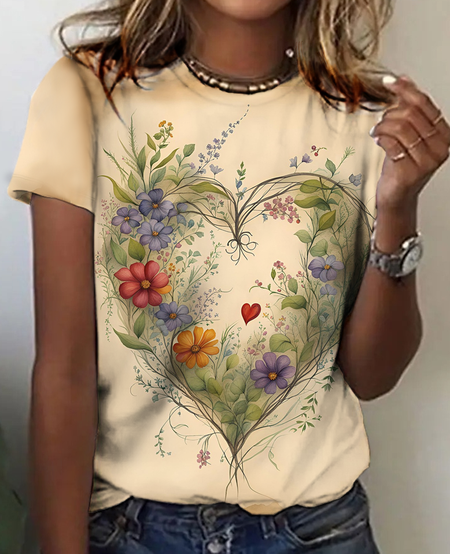 

Floral heart round neck short sleeve T-shirt, Khaki, T-shirts
