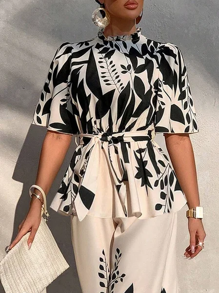 

Elegant Floral Printing Lotus Leaf Collar Blouse With Belt, As picture, Blouses and Shirts