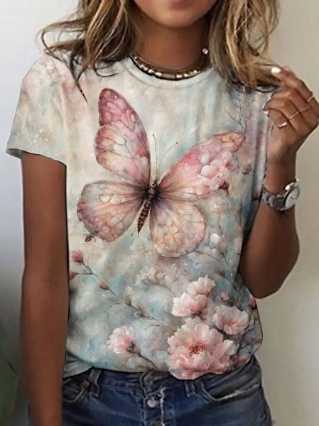 

Casual Regular Fit Floral Crew Neck T-Shirt, Pink, T-shirts