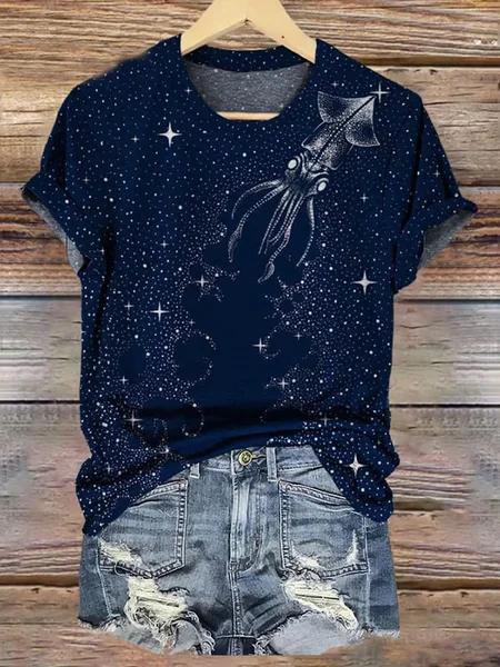 

Women's Octopus Starry Sky Art Print Short Sleeve T-Shirt, As picture, T-shirts