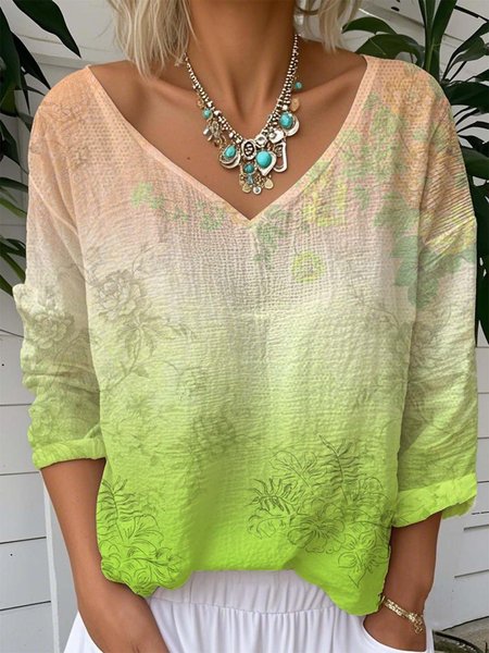 

Vintage Gradient Floral Pattern V Neck Long Sleeve T-shirt, Green, T-shirts