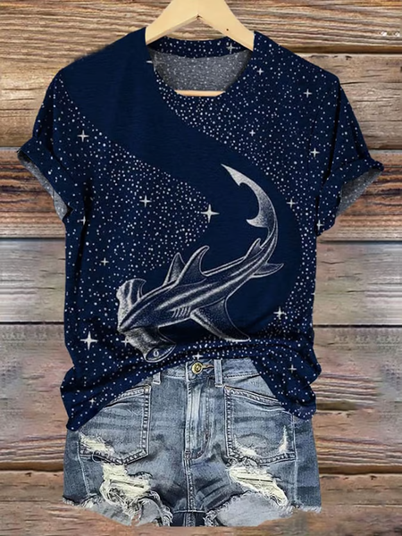 

Women's Shark Starry Sky Art Print Short Sleeve T-Shirt, As picture, T-shirts