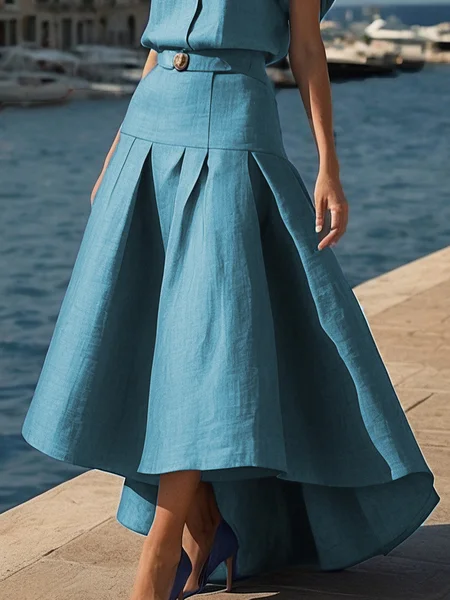 

Casual Gathered Cotton And Linen Plain Maxi Skirt, Blue, Skirts