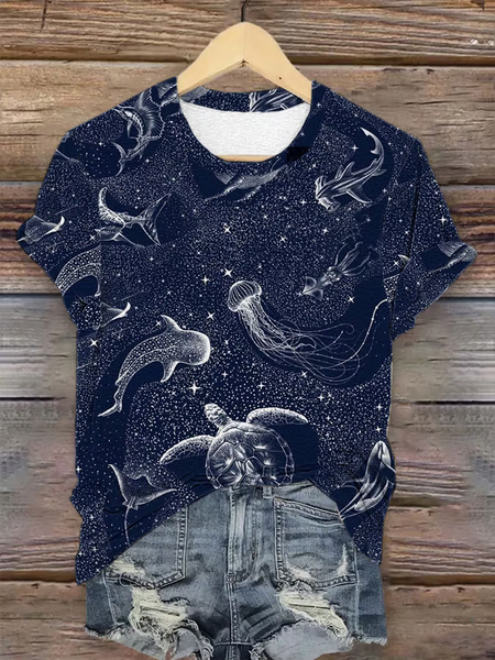 

Women's Marine Life Starry Sky Art Print Short Sleeve T-Shirt, As picture, T-shirts