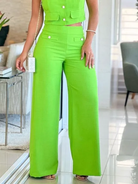 

Cotton And Linen Urban Buttoned Pants, Green, Pants