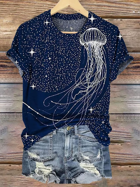 

Women's Ocean Coral Starry Sky Art Short Sleeve T-Shirt, As picture, T-shirts