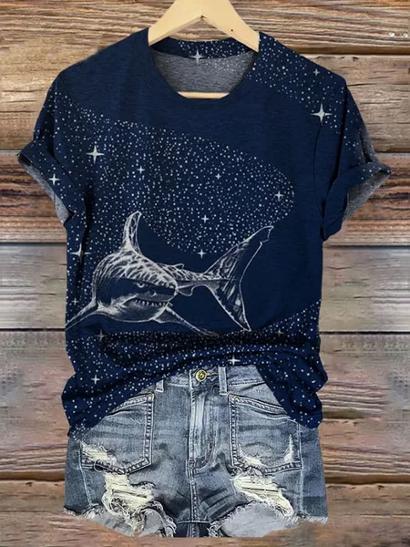 

Women's Shark Starry Sky Art Print Short Sleeve T-Shirt, As picture, T-shirts