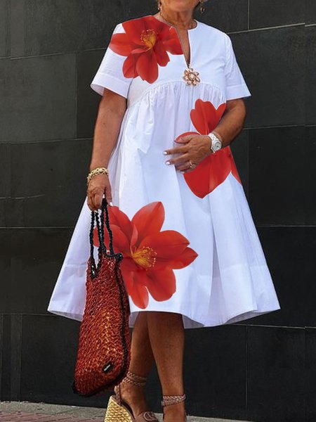

Casual Floral Printing Notched Loosen Midi Dress With Brooch, White-red, Midi Dresses