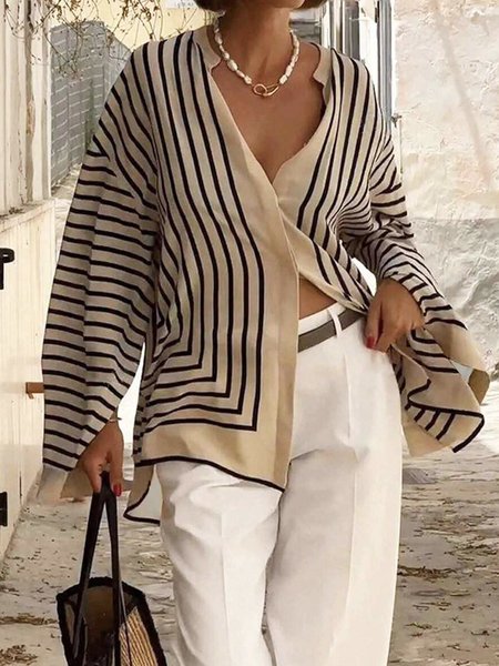 

Urban Striped Printing Bell Sleeve Shirt, As picture, Blouses and Shirts