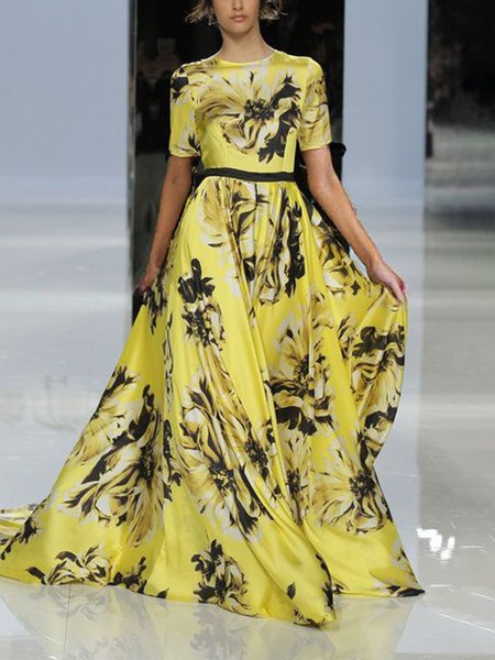 

Vacation Floral Printing Crew Neck Maxi Dress, Yellow, Maxi Dresses