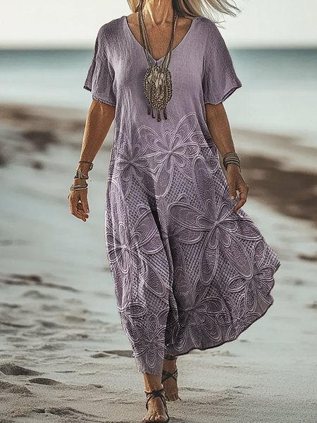 

Women Floral V Neck Short Sleeve Comfy Vintage Maxi Dress, Light purple, Maxi