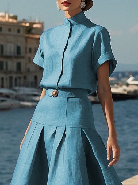 

Cotton And Linen Casual Stand Collar Shirt, Blue, Blouses and Shirts