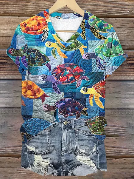 

Women's Turtle V-neck T-shirt, As picture, T-shirts