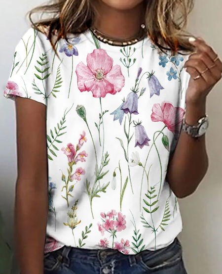 

Floral crew neck short sleeve T-shirt, White, T-shirts