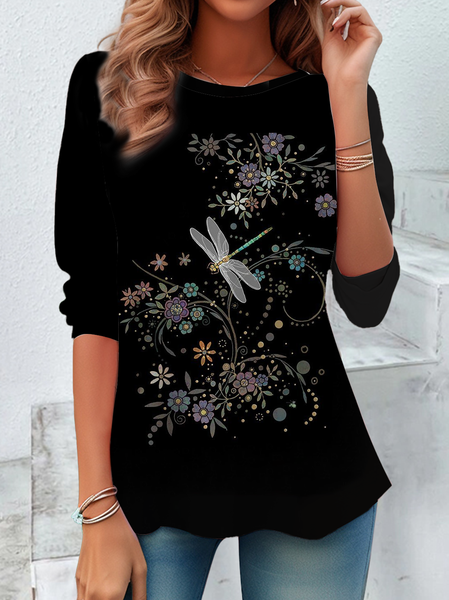 

Women's Floral Long Sleeve Tee T-shirt Crew Neck Printing Casual Spring/Fall Graphic Tee Top, Black, T-Shirts