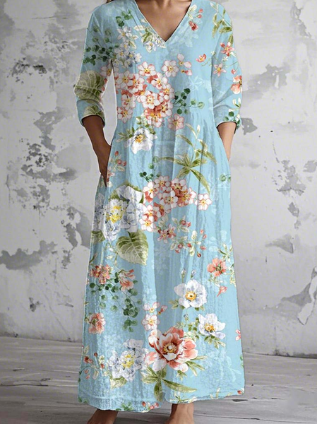 

Women's Vintage Lovely Floral Art Print Pocket Cotton Dress, Green, Maxi Dresses