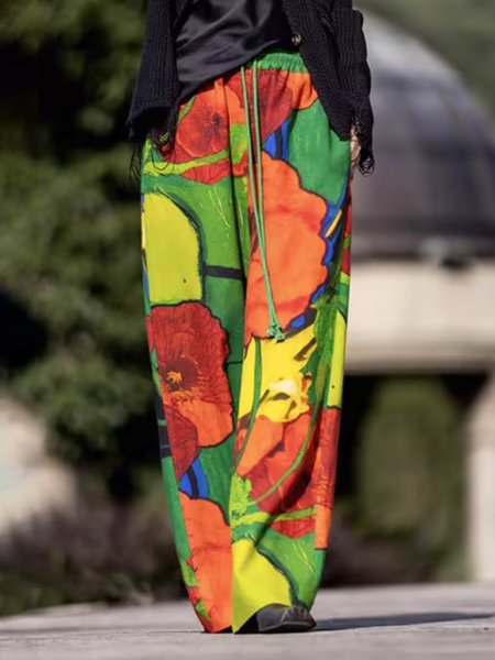 Casual Floral Printing Loosen Wide Leg Pants, As picture, Pants