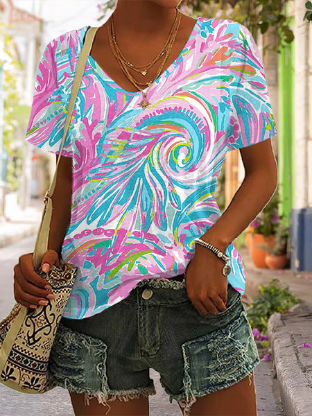 

Women's Art Gradient Floral Print T-Shirt, As picture, T-shirts