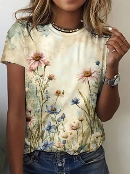

Crew Neck Floral Casual T-Shirt, Apricot, T-shirts