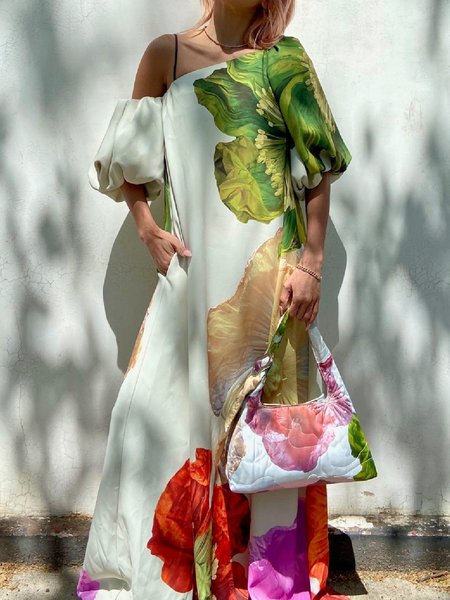 

Vacation Floral Off Shoulder Sleeve Loosen Maxi Dress, As picture, Maxi Dresses