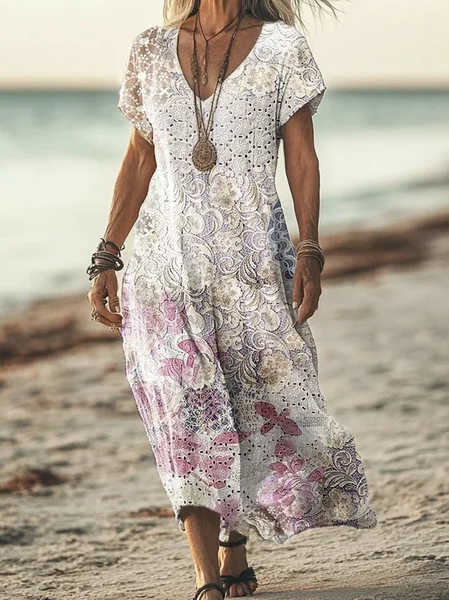 

Women Floral V Neck Short Sleeve Comfy Casual Maxi Dress, Apricot, Maxi