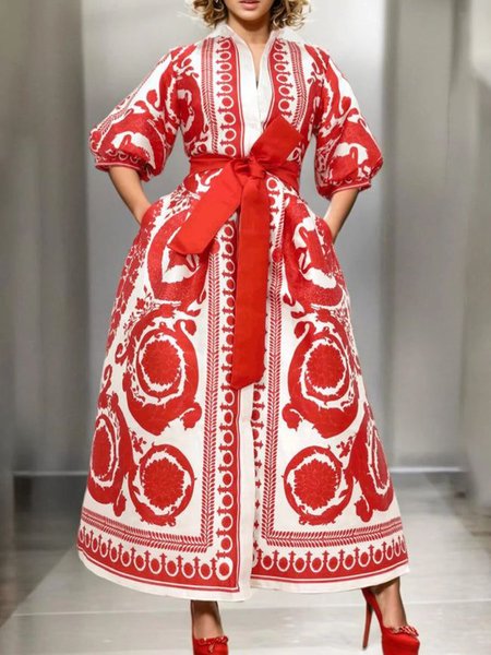 

Elegant Balloon Sleeve Maxi Dress With Belt, Red, Maxi Dresses
