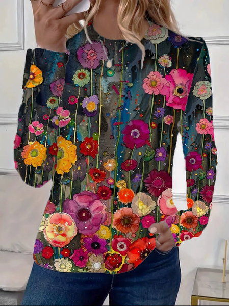 

Women's Floral Long Sleeve Tee T-shirt Crew Neck Printing Casual Spring/Fall Graphic Tee Top, As picture, T-Shirts