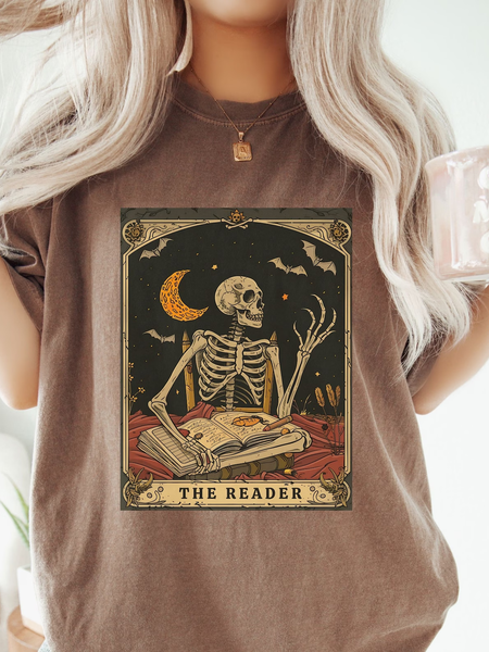 

Women's The Reader Tarot Card Shirt, Skeleton Reading T-Shirt, Coffee, T-shirts