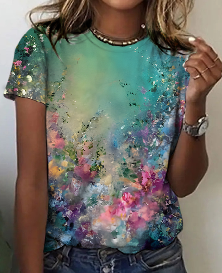 Abstract floral crew neck short-sleeved T-shirt, Green, T-shirts
