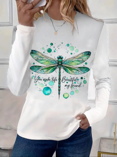 

Women's Dragonfly Spring You Make Life Beautiful My Friend Printed Casual Crew Neck Long Sleeve T-Shirt, White, Long sleeves