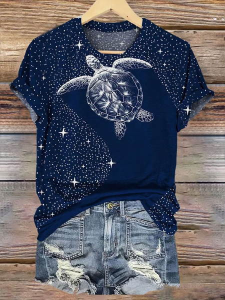 

Women's Turtle Starry Sky Art Print Short Sleeve T-Shirt, As picture, T-shirts