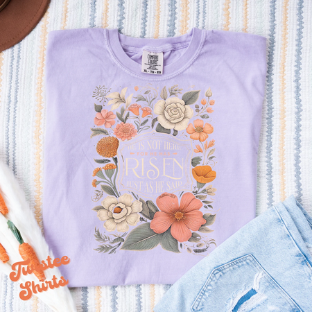 

He Is Not Here For He Has Risen Jesus Faith Floral Print Vintage Washed T-Shirt, Purple, T-shirts