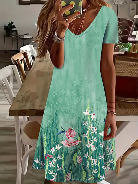 

Women's Floral Short Sleeve Summer Printing Dress V Neck Daily Casual Knee Length T-Shirt Dress H-Line Dress, Green, Casual Dresses