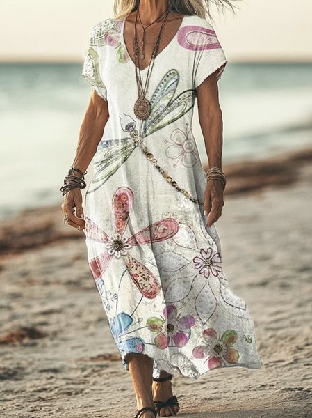 

Women Animal V Neck Short Sleeve Comfy Vintage Maxi Dress, White, Maxi
