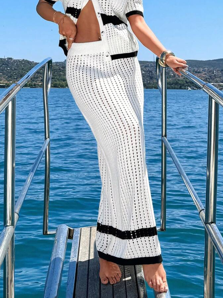 

Vacation Color Block Midi Sweater Skirt, White, Skirts