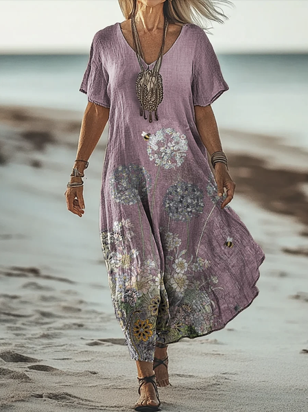 

Women Floral V Neck Short Sleeve Comfy Vintage Maxi Dress, Light purple, Maxi