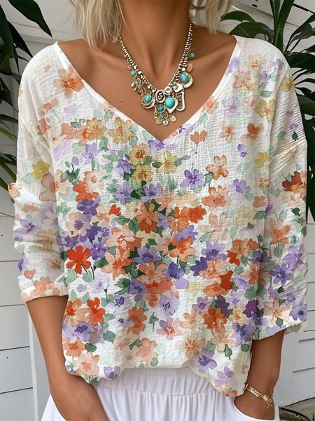 

Vintage Floral Art Print V Neck Long Sleeve T-shirt, Green, T-shirts