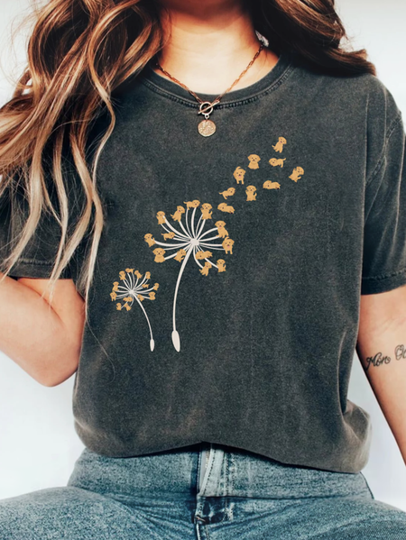 

Women's Dandelion Dog Cute Print Vintage Washed T-shirt, Black, T-shirts