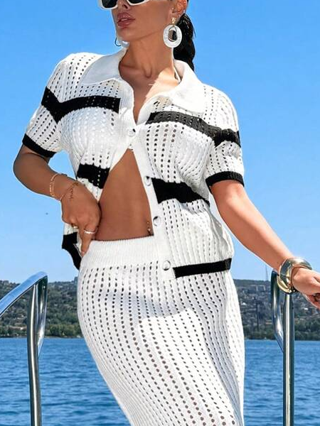 

Vacation Color Block Buttoned Cardigan, White, Cardigans