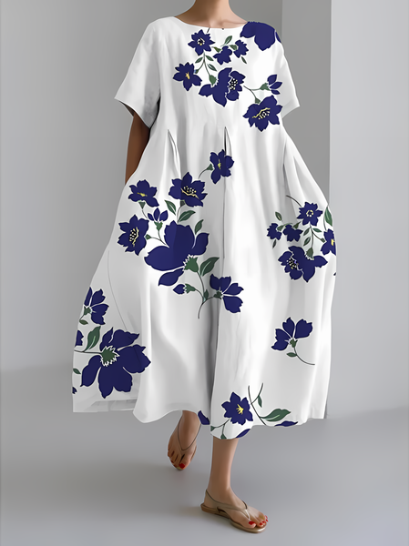 

Women's Artistic Floral Print Vintage Round Neck Pleated Dress, As picture, Dresses