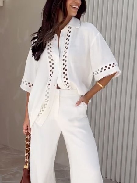 

Vacation Plain Hollow Out Cotton Shirt Collar Shirt, White, Blouses and Shirts