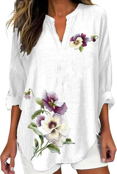 

Women's Floral Print Elegant Vintage V-Neck Shirt, White, Blouses