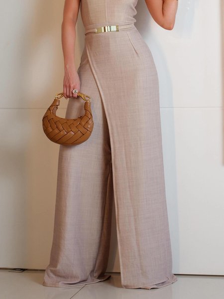 

Cotton And Linen Casual Plain Wide Leg Pants, As picture, Pants