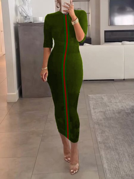 

Casual Color Block Classic Tight Crew Neck Bodycon Dress, Green, Midi Dresses