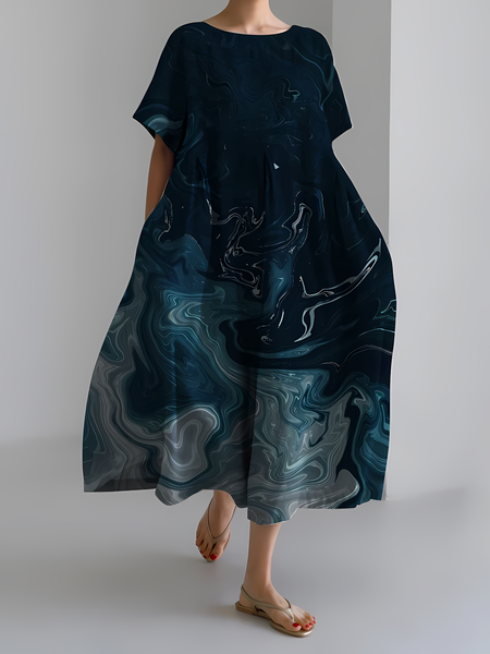 

Women's Ocean Art Stripe Print Vintage Round Neck Pleated Dress, As picture, Dresses