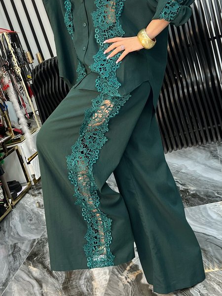 Urban Split Joint Lace Edge Fashion Wide Leg Pants, Green, Pants