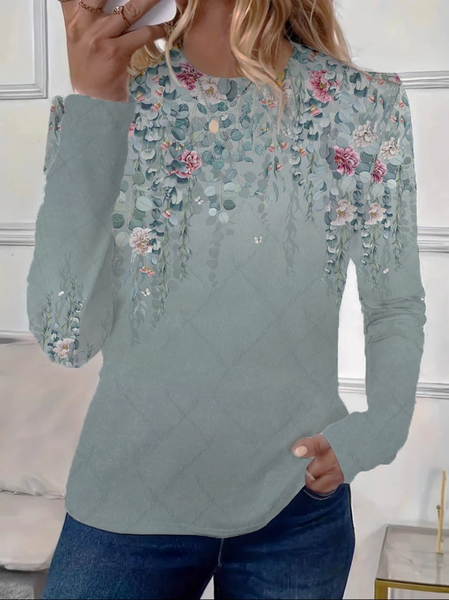 

Women's Floral Long Sleeve Tee T-shirt Crew Neck Printing Casual Spring/Fall Graphic Tee Top, Gray, T-Shirts