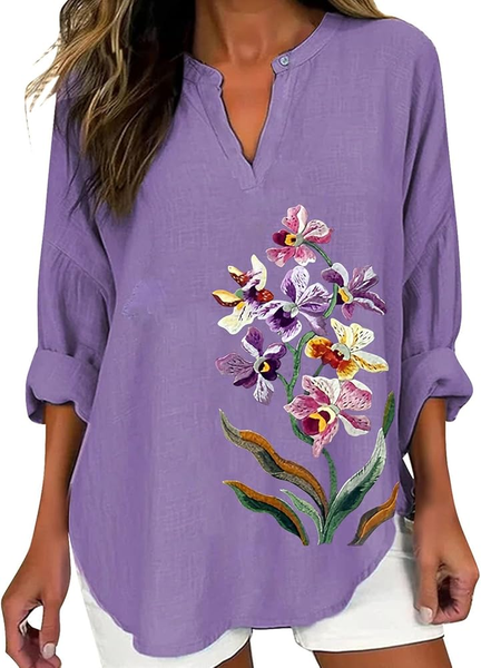 

Women's Purple Floral Print Elegant Vintage V-Neck Shirt, Blouses