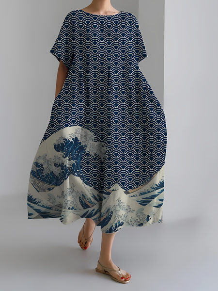 

Women's Japanese Art Floral Print Vintage Round Neck Pleated Maxi Dress, As picture, Dresses