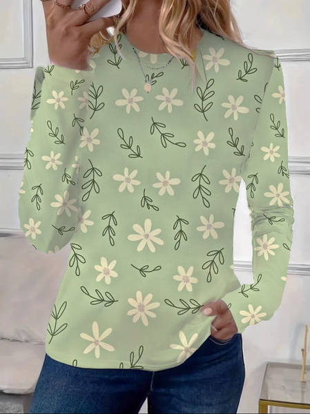

Women's Floral Long Sleeve Tee T-shirt Crew Neck Printing Casual Spring/Fall Graphic Tee Top, Green, T-Shirts